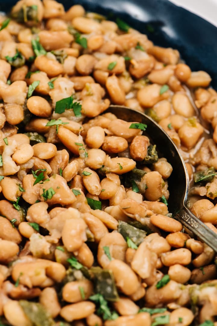 Detail of instant pot pinto beans in a large serving bowl with a silver serving spoon.
