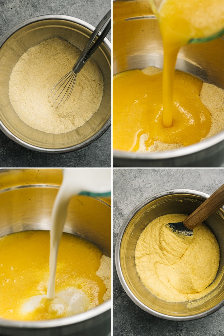 A collage showing how to make cornbread batter for topping a tamale pie.