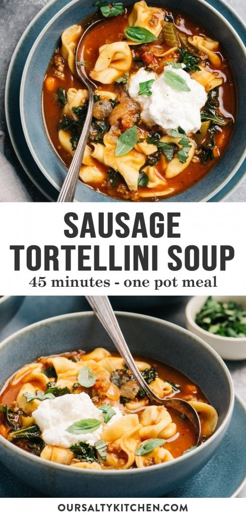 Pinterest collage for a sausage tortellini soup recipe.