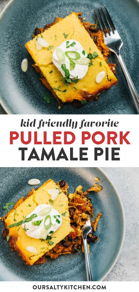 Pinterest collage for a tamale pie recipe using leftover pulled pork.