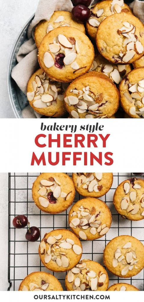 Pinterest collage for a bakery style cherry muffins recipe.