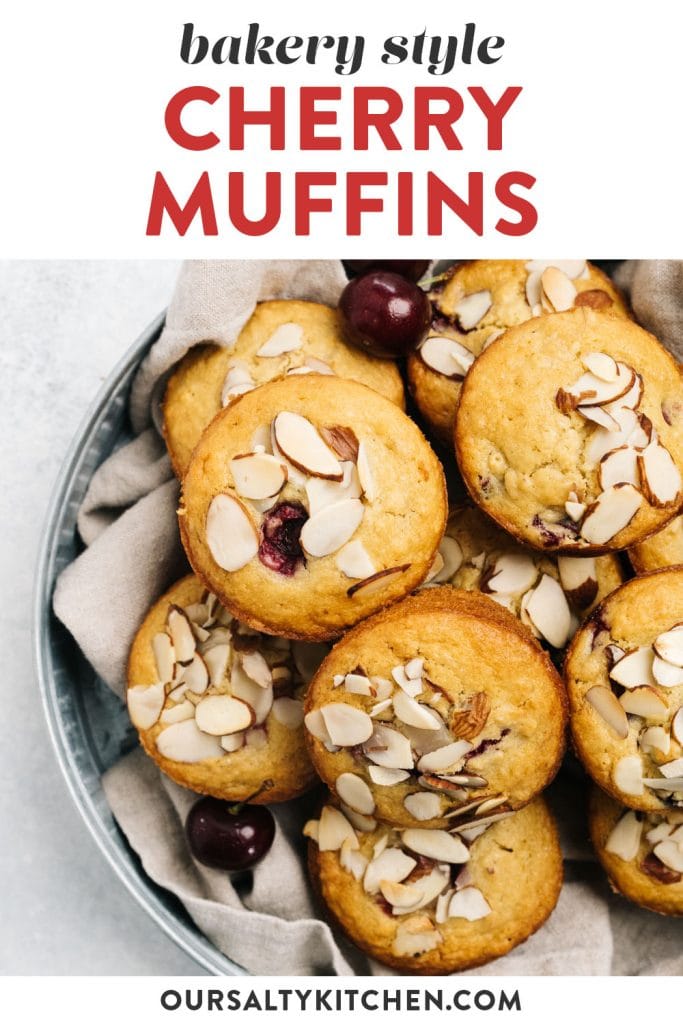 Pinterest image for a bakery style cherry muffins recipe.