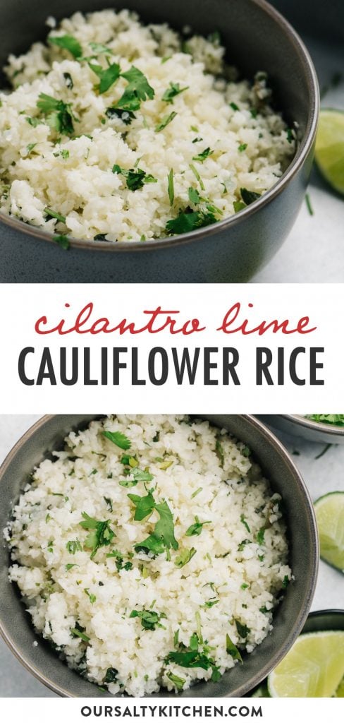 Pinterest collage for a cilantro lime cauliflower rice recipe.