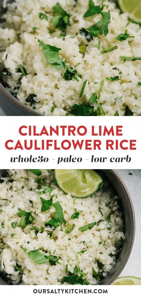 Pinterest collage for a Whole30 recipe for cilantro lime cauliflower rice.