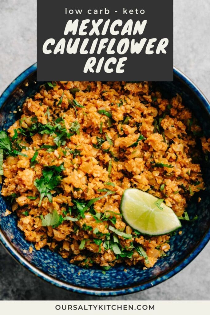 Mexican rice made with cauliflower rice in a blue serving bowl with cilantro and a lime wedge; title bar at the top reads "keto low carb Mexican Cauliflower Rice".