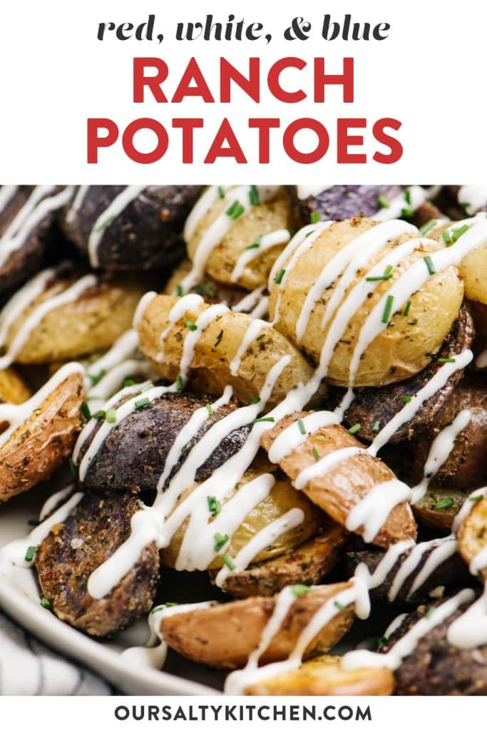 Pinterest image for an oven roasted ranch potatoes recipe.
