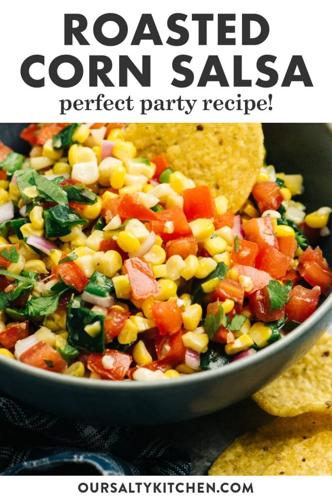 Pinterest image for a corn salsa recipe with poblano peppers.