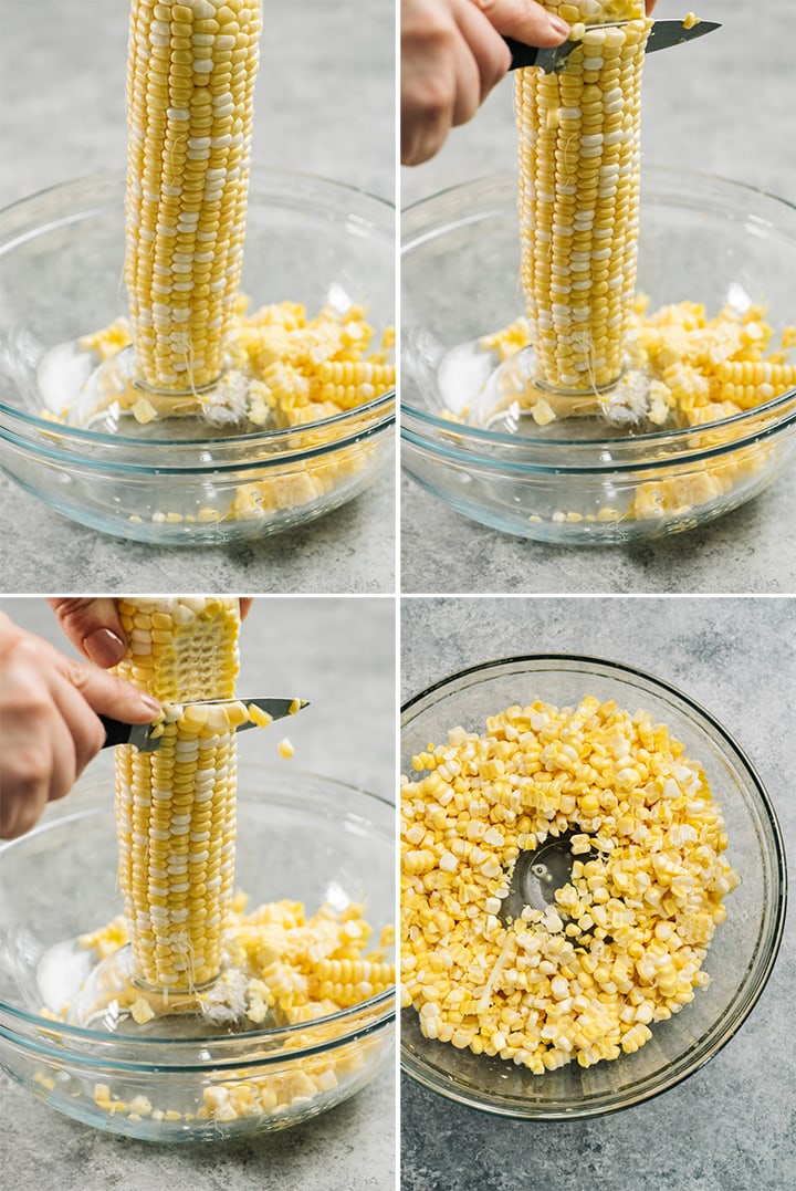 A collage showing how to slice kernels from a fresh cob of corn using a paring knife and two bowls.