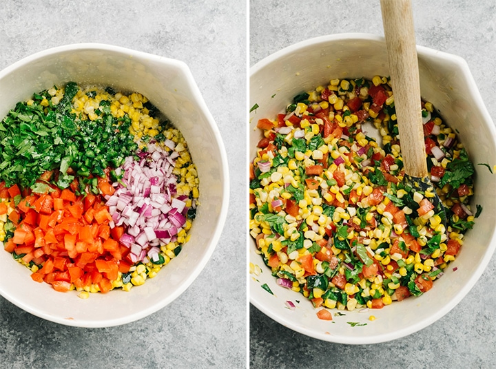 The ingredients for roasted corn salsa in a large mixing bowl before and after being tossed.