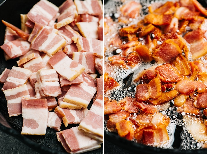 Diced pieces of thick cut bacon in a skillet before and after crisping.