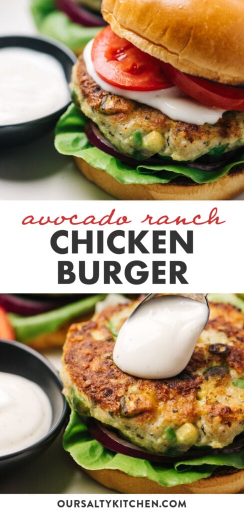Pinterest collage for an avocado ranch chicken burger recipe.