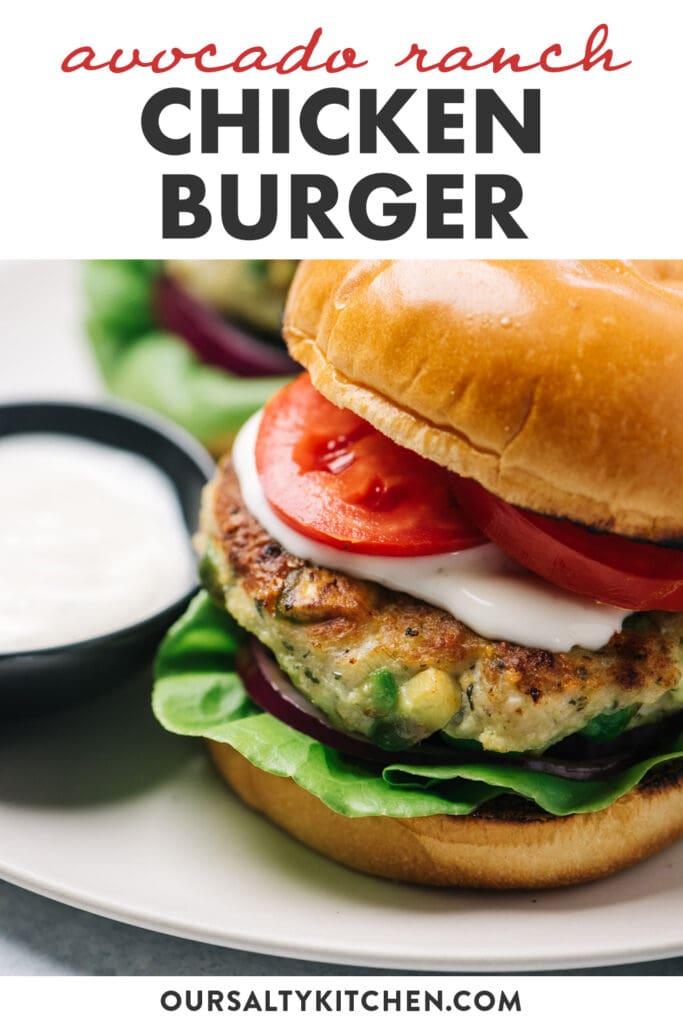 Pinterest image for an avocado ranch chicken burger recipe.
