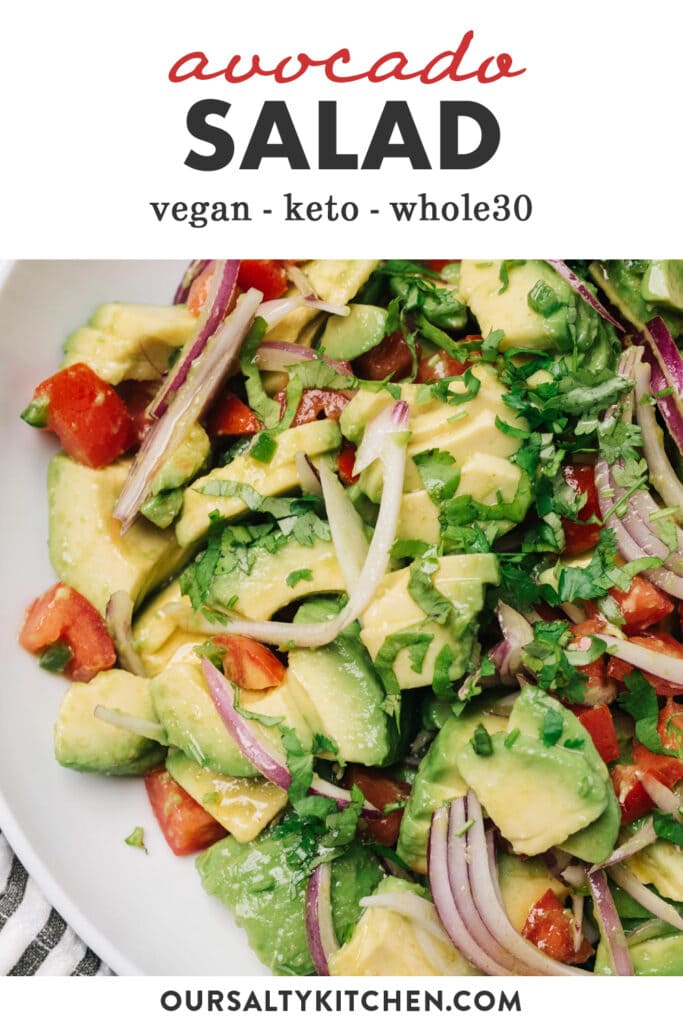 Pinterest image for a keto and whole30 avocado salad recipe with cumin vinaigrette.