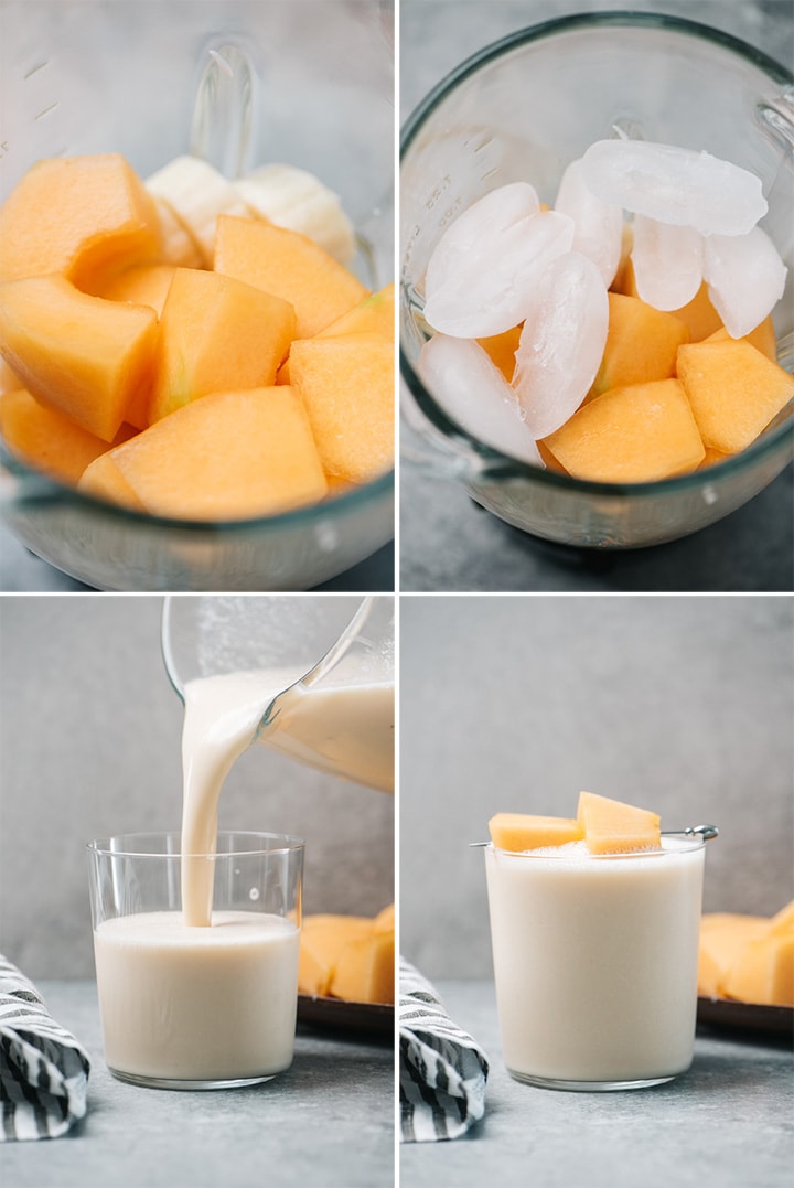 A collage showing how to make a cantaloupe smoothie.