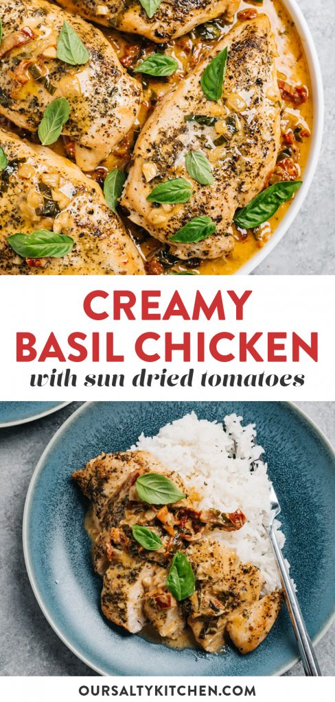 Pinterest collage for a recipe for one pan chicken with creamy basil sauce.