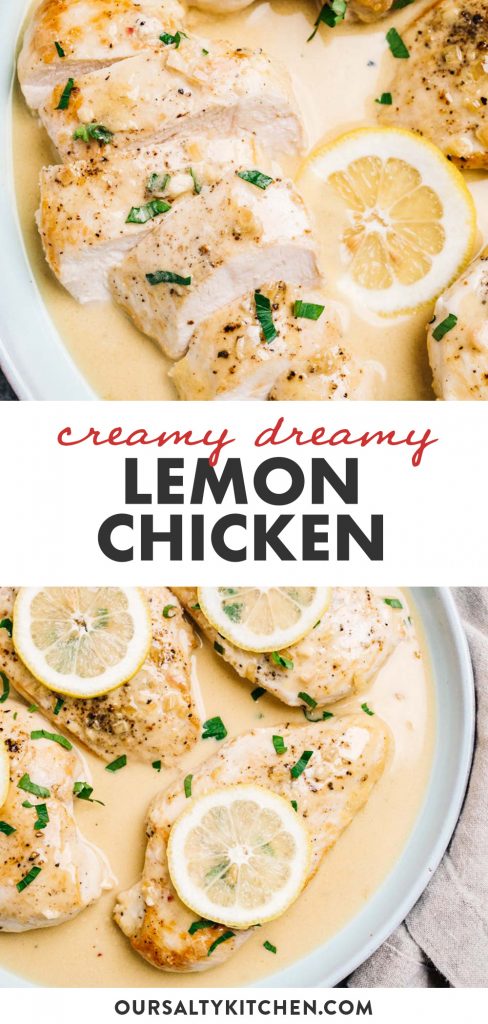 Pinterest collage for a creamy lemon chicken recipe.