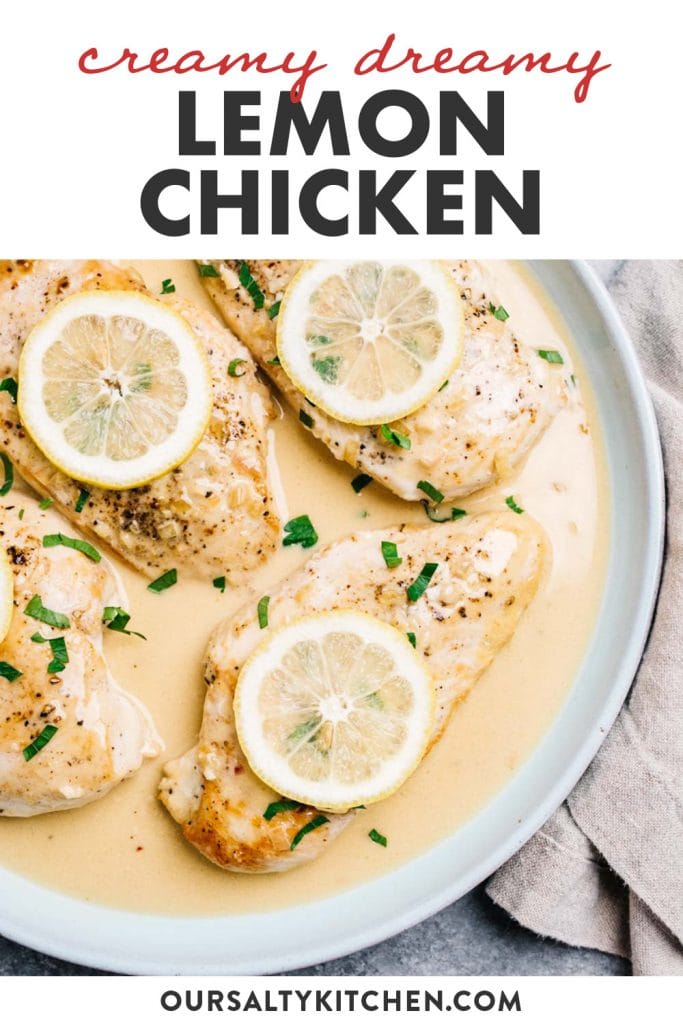 Pinterest image for a creamy lemon chicken recipe.