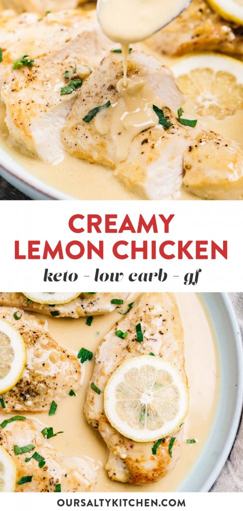 Pinterest collage for a low carb and keto lemon chicken with creamy sauce.