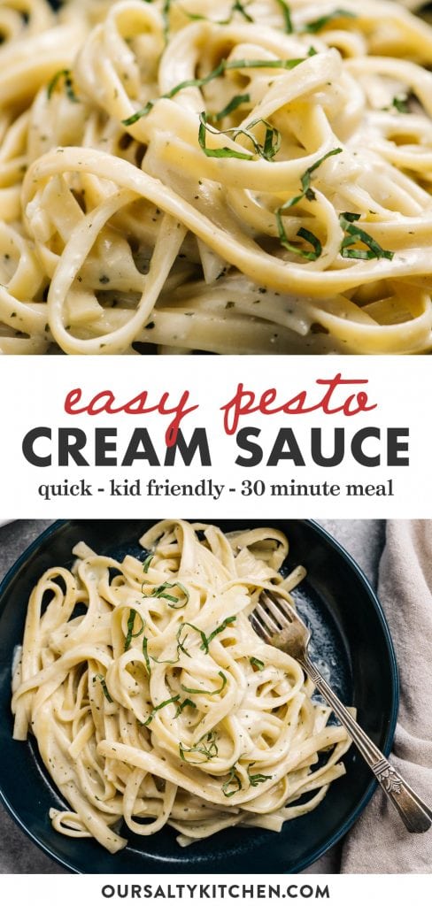 Pinterest collage for a creamy pesto sauce recipe served over fettuccine noodles.