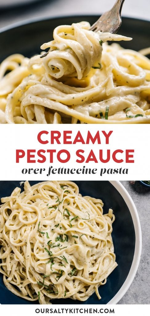 Pinterest collage for a pesto cream sauce recipe.