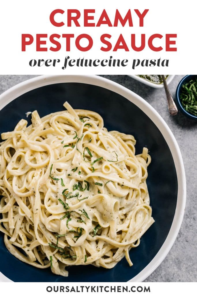 Pinterest image for a pesto cream sauce recipe.