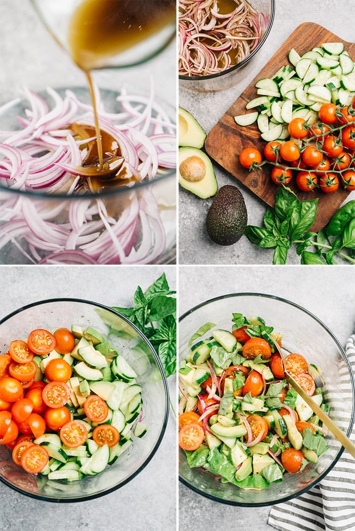 A collage showing how to make cucumber, tomato, and avocado salad step-by-step.