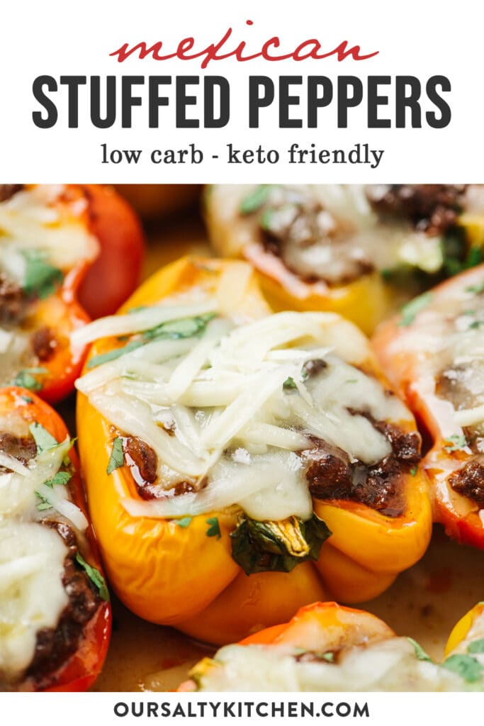 Pinterest image for keto and low carb stuffed peppers with mexican ground beef.
