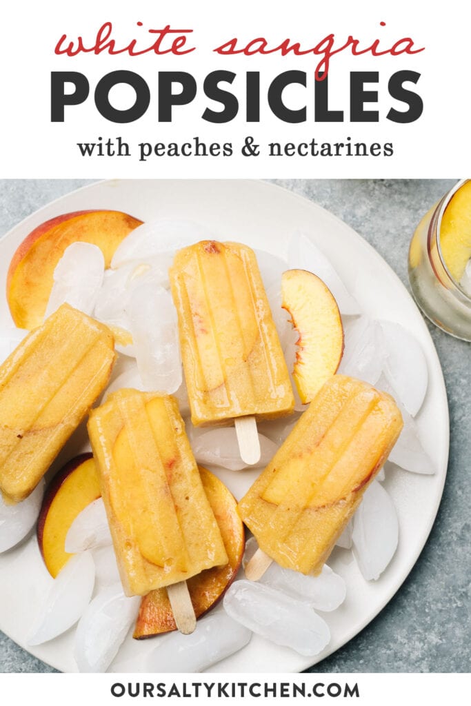 Pinterest image for a boozy popsicle recipe with white wine and fresh fruit.