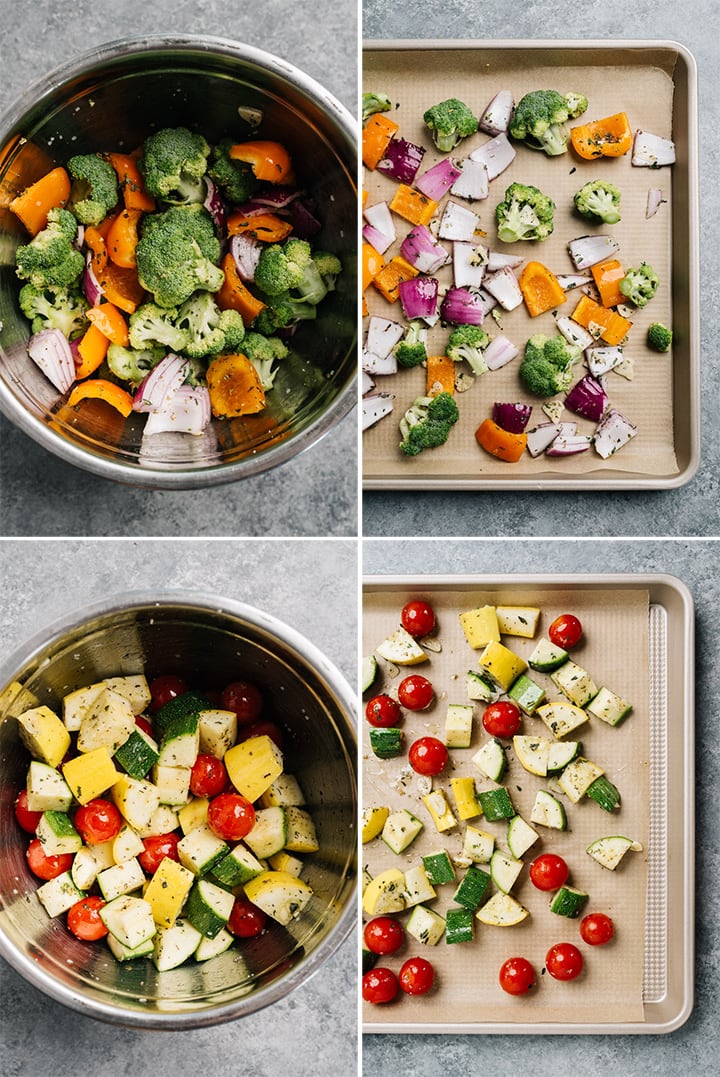 A collage showing how to dress vegetables with olive oil and seasonings, then arrange on sheet pans for oven roasting.