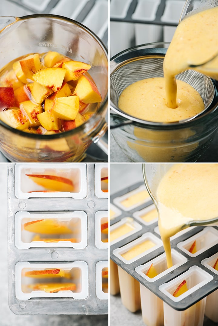A collage showing how to puree fruit with white wine to make boozy popsicles.