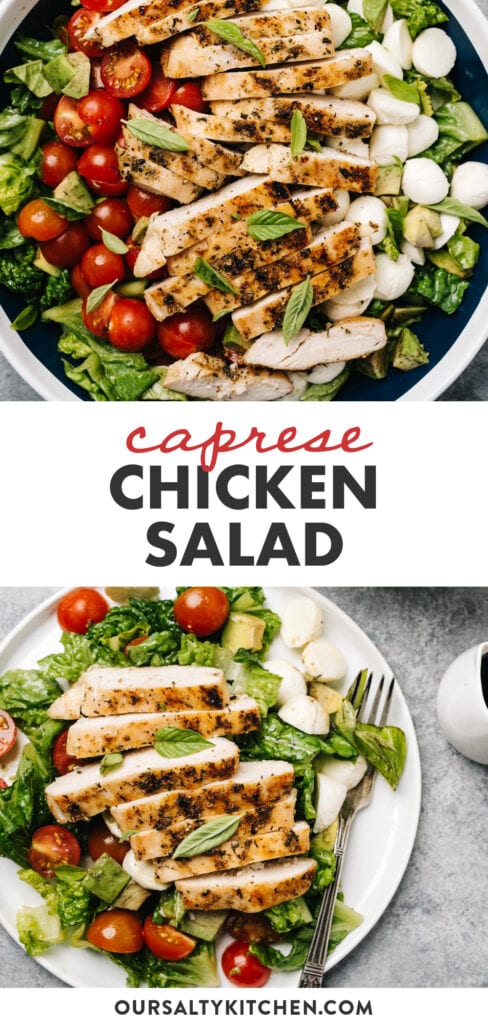 Pinterest collage for a recipe for caprese salad with grilled chicken.