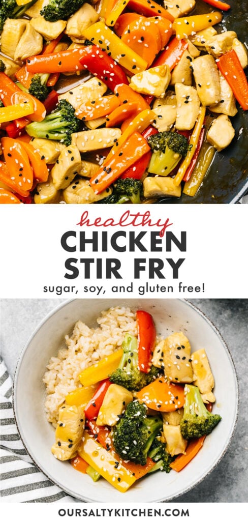 Pinterest collage for a healthy paleo chicken stir fry recipe.