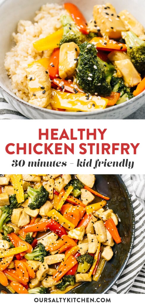 Pinterest collage for a healthy chicken stir fry recipe with broccoli, carrots, and bell peppers.