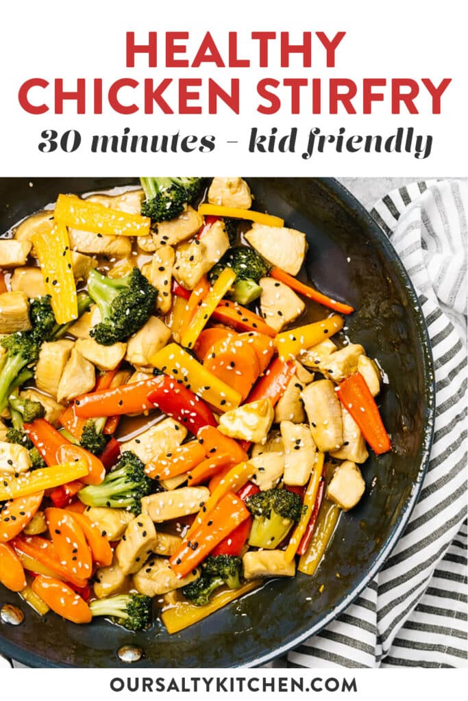 Pinterest image for a healthy chicken stir fry recipe with broccoli, carrots, and bell peppers.