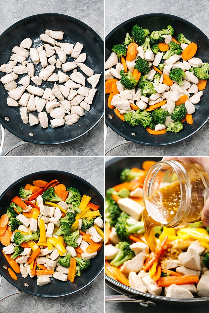 A collage illustrating step by step photos for a chicken stir fry recipe.