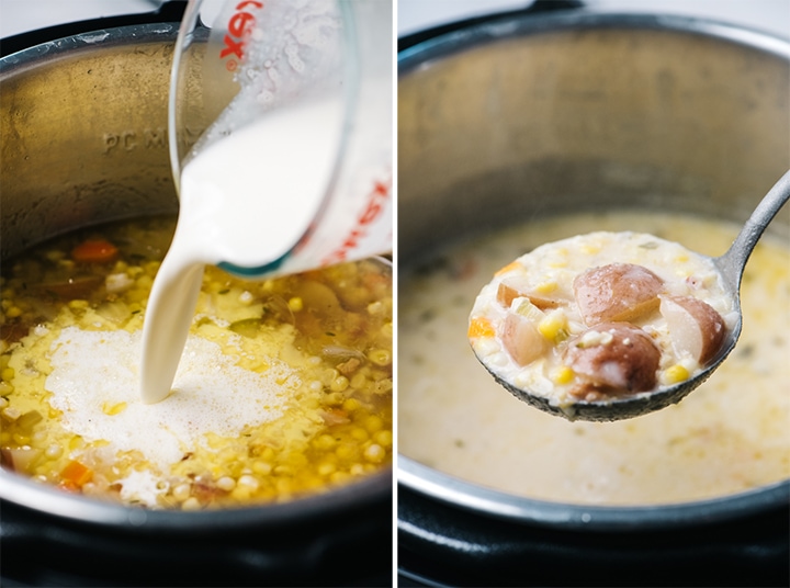 A collage showing how to thicken instant pot corn chowder with cream and cornstarch.