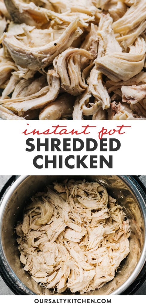 Pinterest collage for a recipe for making shredded chicken in the instant pot.