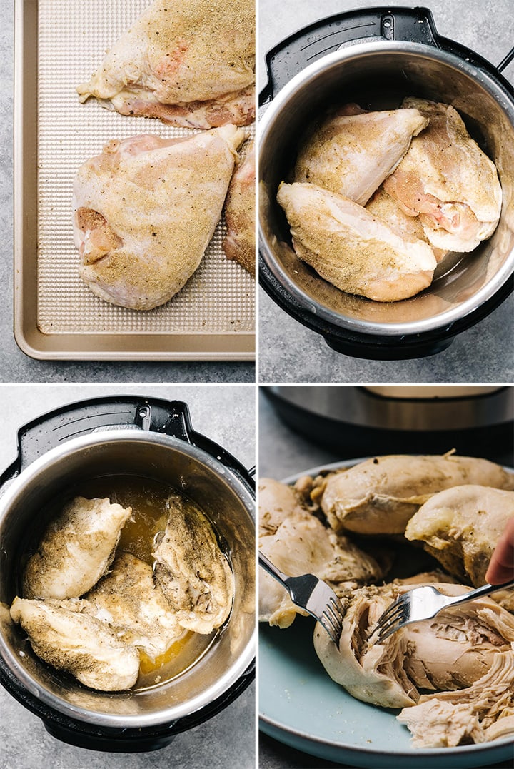 A collage showing how to make instant pot shredded chicken step by step.