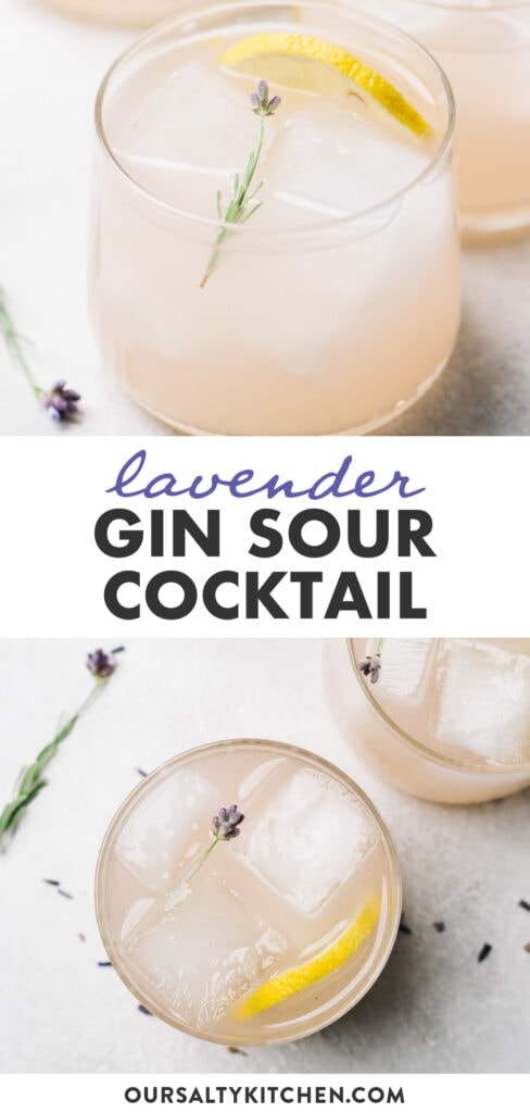 Pinterest collage for a recipe for lavender sour gin cocktails.