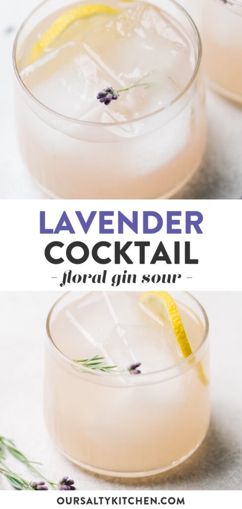 Pinterest collage for a lavender cocktail recipe with gin, lemon juice, and lavender simple syrup.