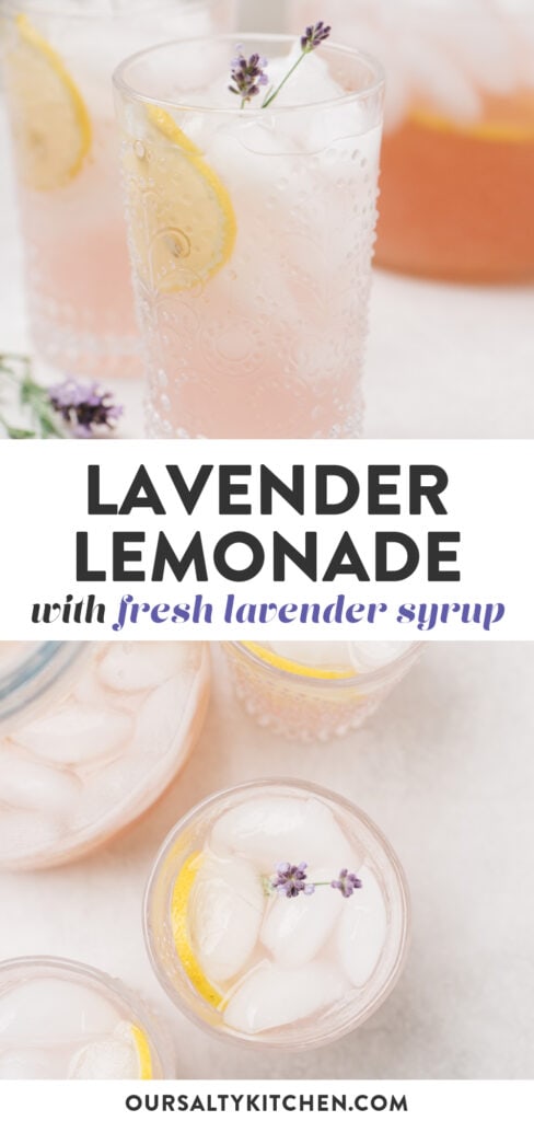 Pinterest collage for a recipe for lemonade made with lavender simple syrup.