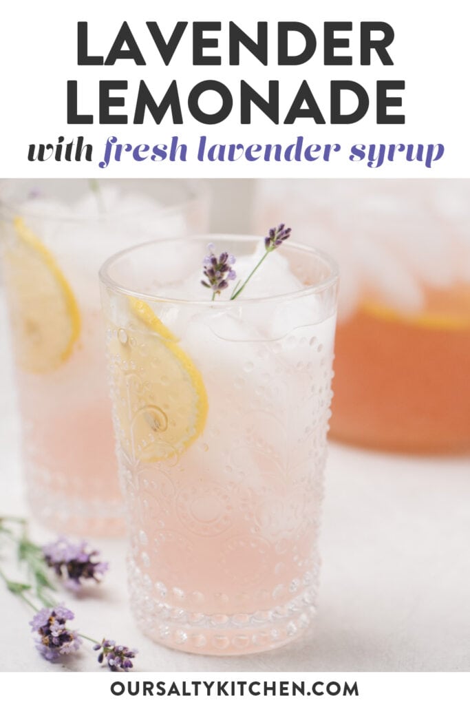 Pinterest image for a recipe for lemonade made with lavender simple syrup.