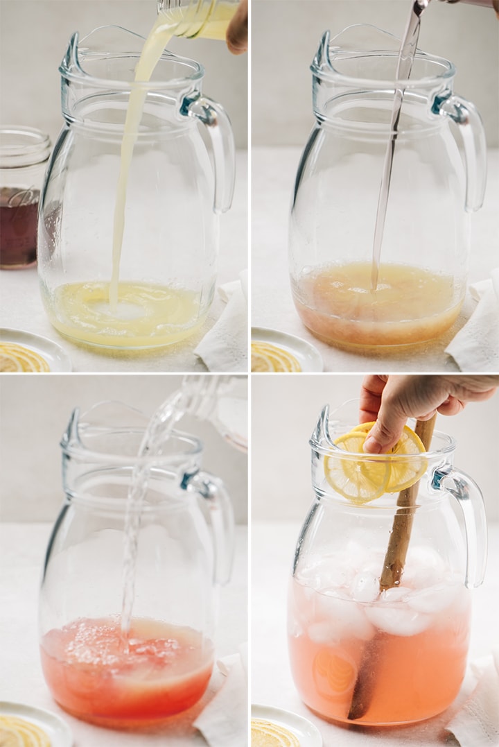 A collage showing how to make lavender lemonade with fresh squeezed lemons and lavender syrup.