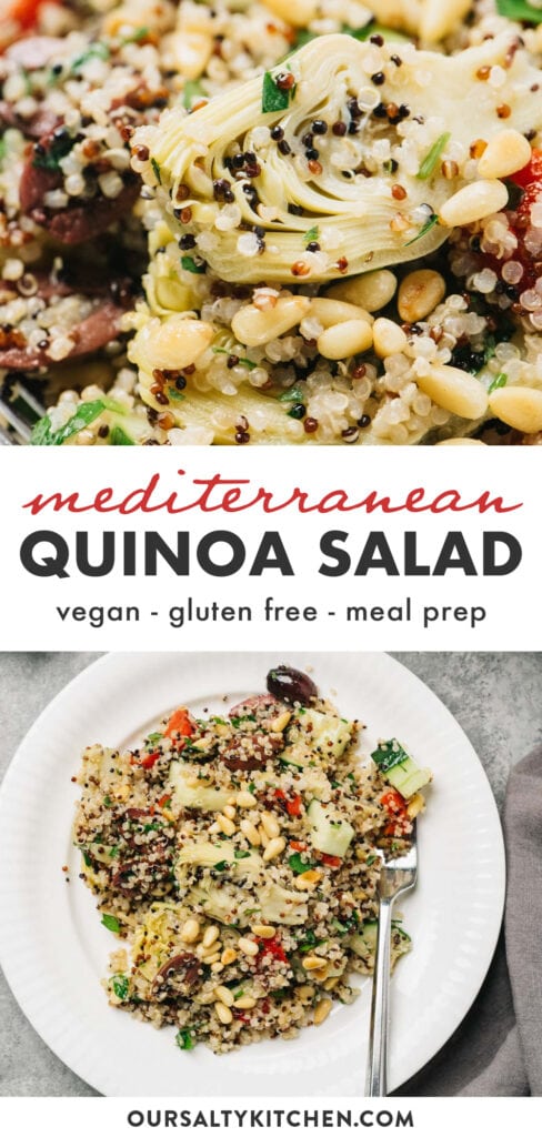 Pinterest collage for a vegan and gluten free quinoa salad with mediterranean vegetables and lemon oregano dressing.