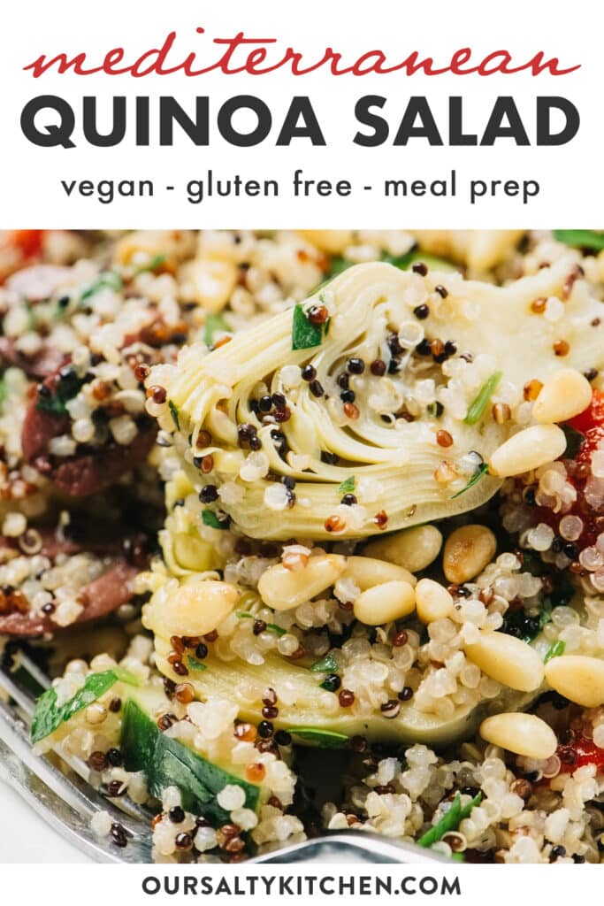 Pinterest image for a vegan and gluten free quinoa salad with mediterranean vegetables and lemon oregano dressing.