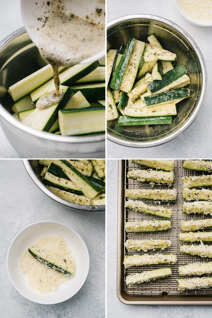 A collage showing how to batter zucchini fries with parmesan cheese and seasonings.
