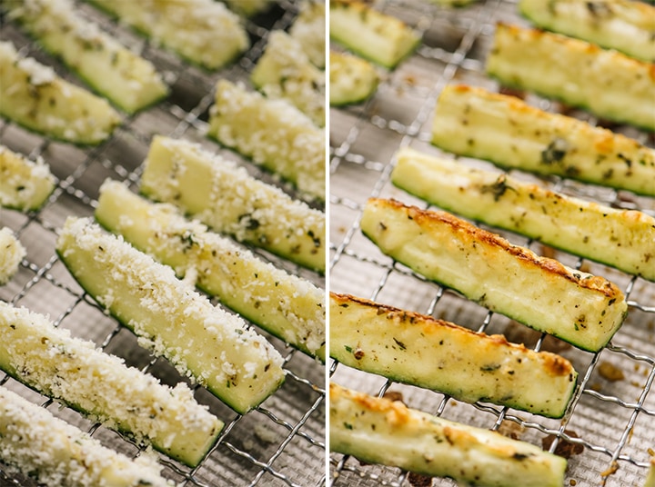 Zucchini wedges seasoned with parmesan cheese arranged on a baking rack nested in baking sheet before and after being roasted.