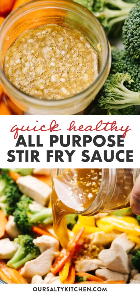Pinterest collage for a healthy stir fry sauce with vegan, paleo, and gluten free dietary accommodations.