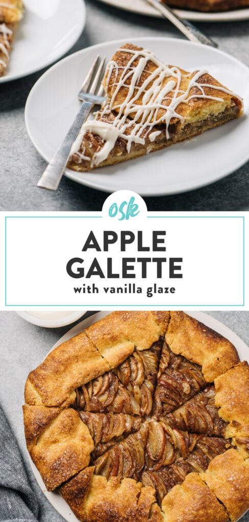 Pinterest collage for a rustic galette recipe with apples, cinnamon, and vanilla glaze.