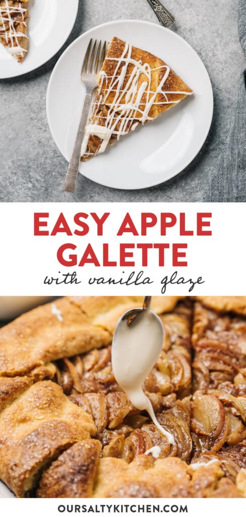 Pinterest collage for an apple galette recipe with vanilla glaze.